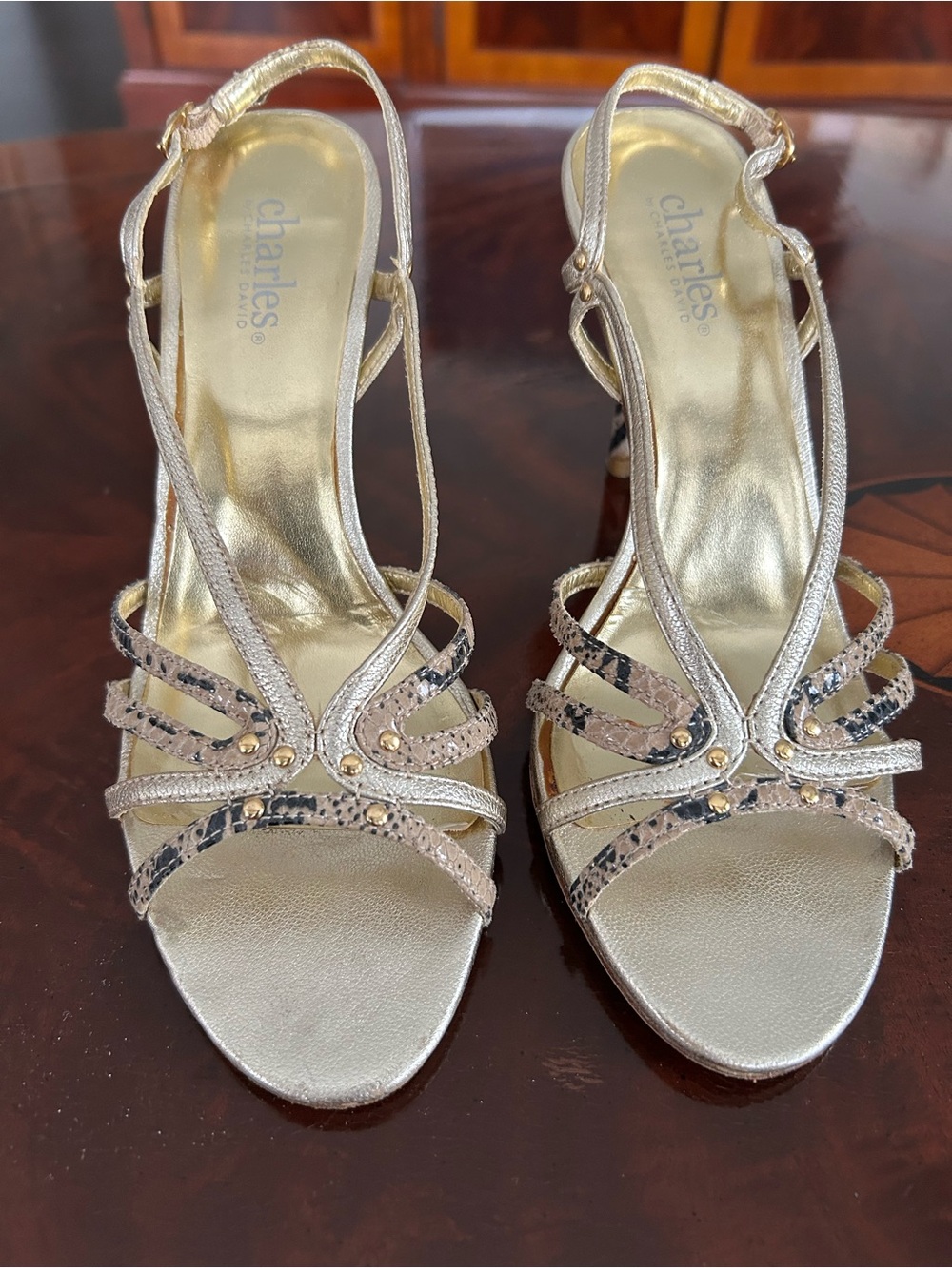 Charles By Charles David Metallic Gold Strappy Sandals with Snakeskin Accents